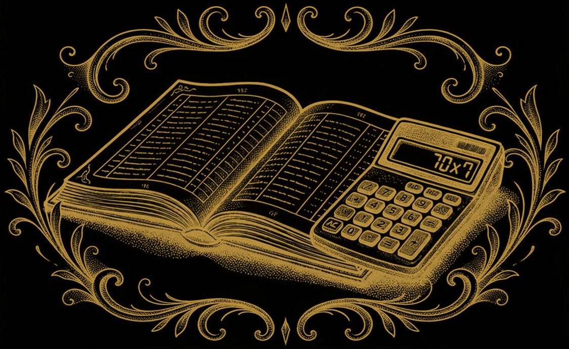 Gold artwork depicting an open book and calculator