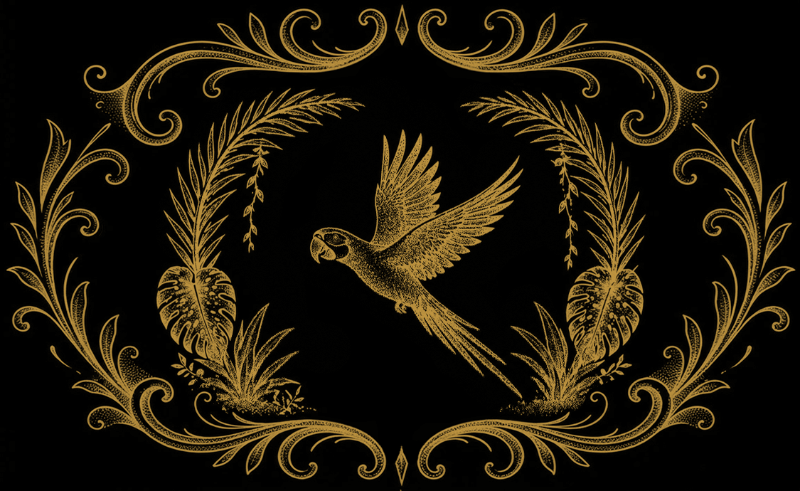 Gold artwork depicting a flying bird