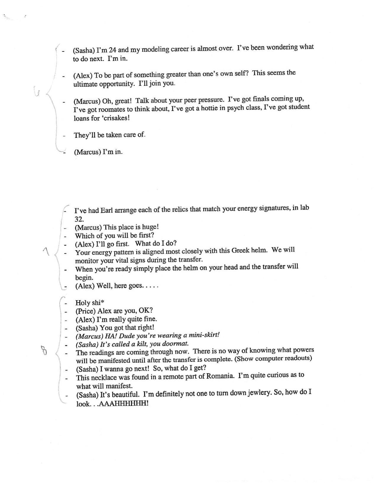 1992 dialogue script sample page with Sasha, Alex, and Marcus dialogue