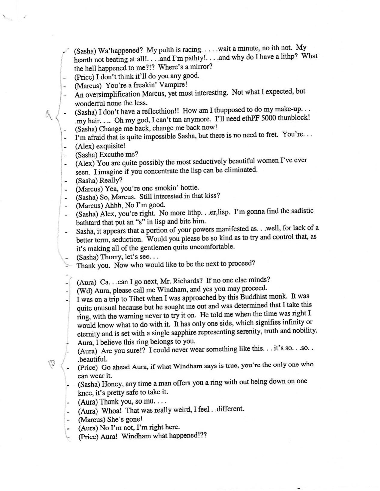 1992 dialogue script sample page with Sasha, Price, Marcus, and Aura dialogue