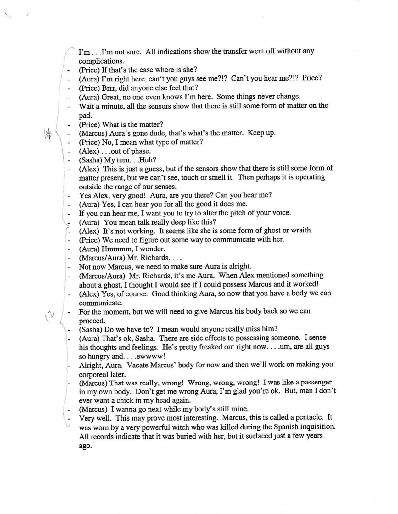1992 dialogue script sample page with Aura, Marcus, Alex, and Price dialogue