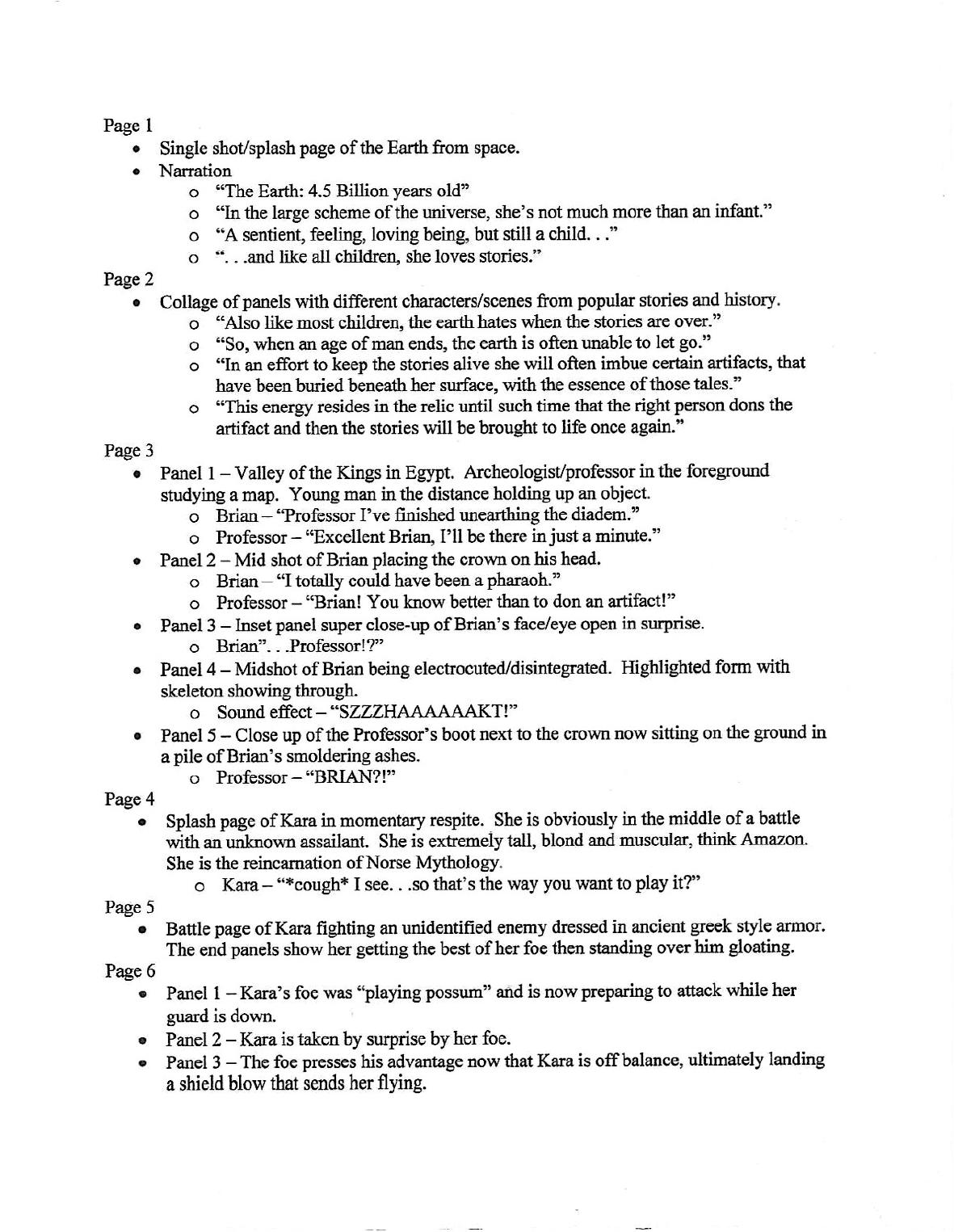 2003 comic script sample with an opening Earth splash page and narration
