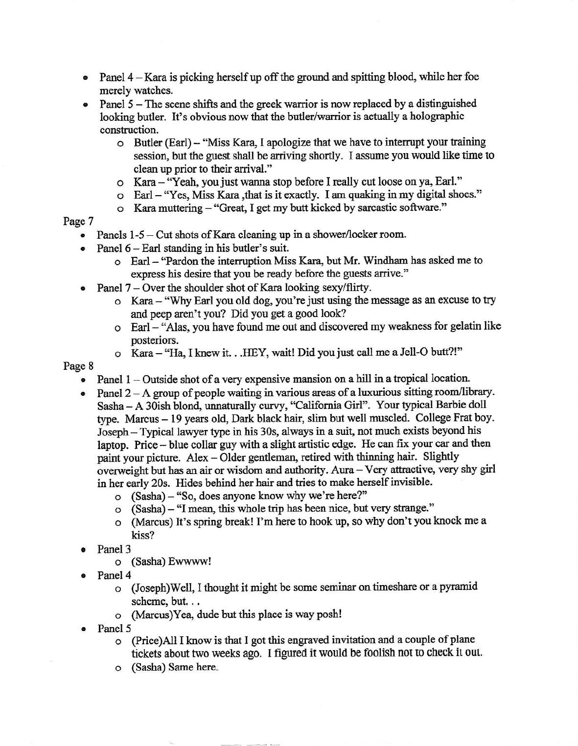 2003 comic script sample describing later panels and the introduction of Kara