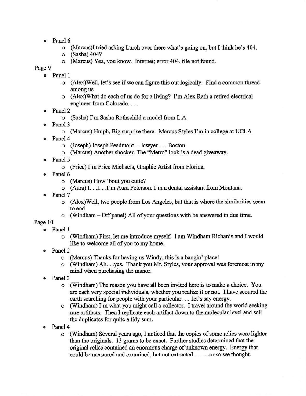2003 comic script sample introducing the characters at the Costa Rican mansion and Windham Richards