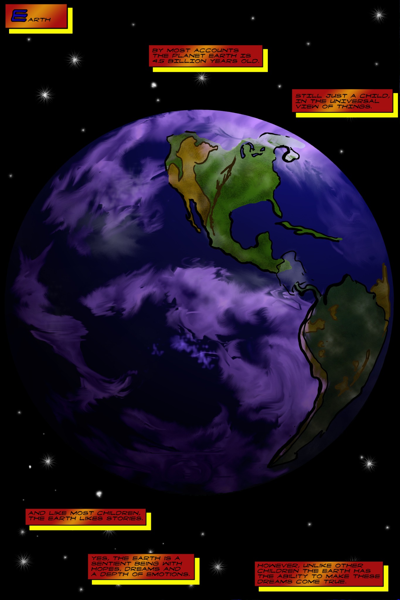 2006 graphic novel concept page showing Earth in space with narration panels