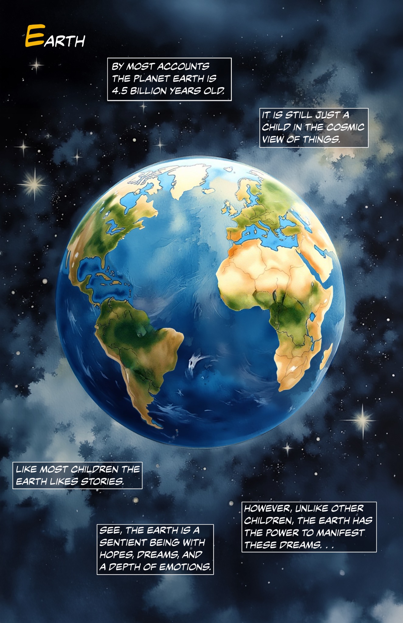 Later graphic novel development page showing Earth and the story's opening concept
