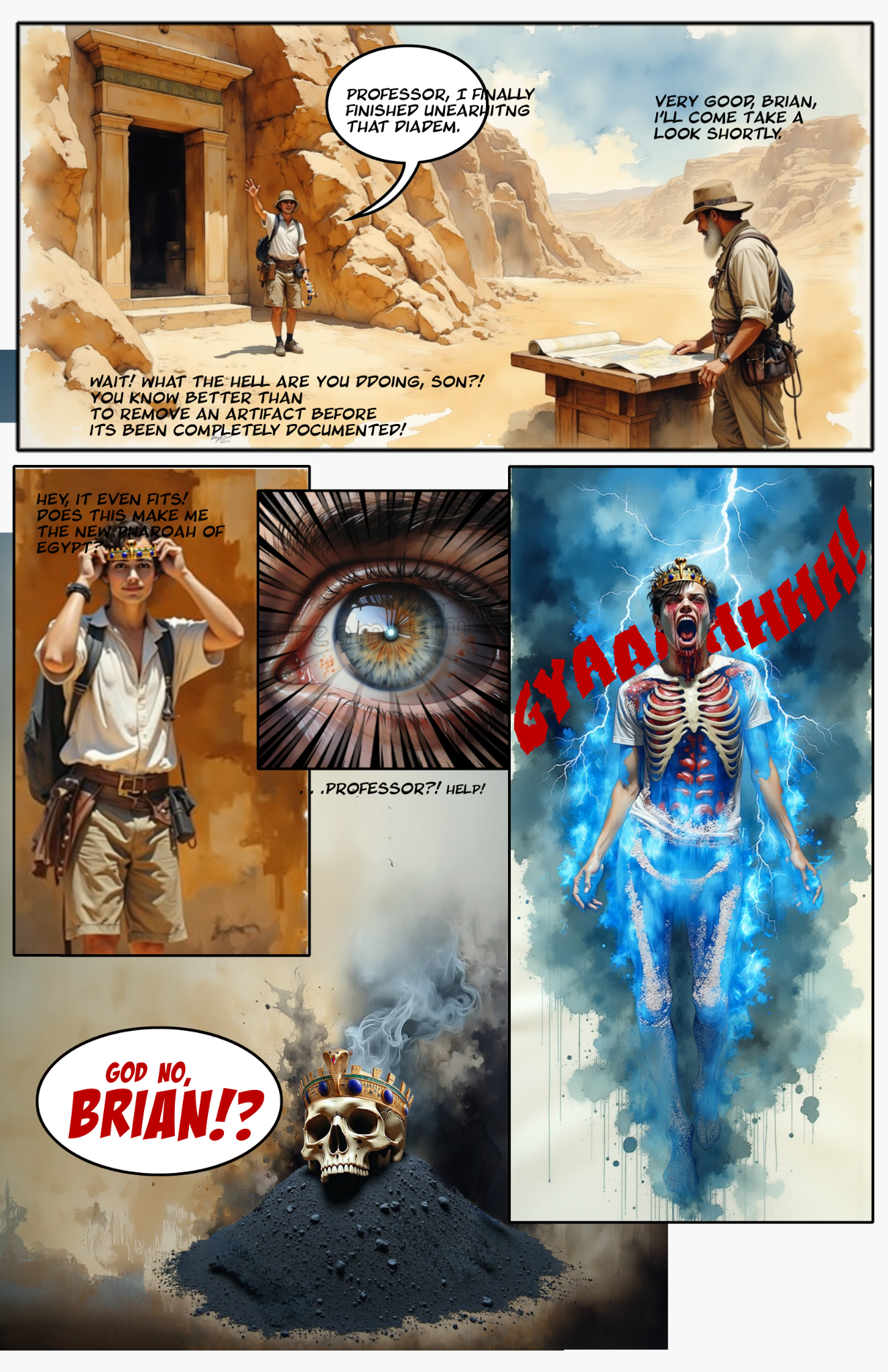 Later graphic novel development page with mythological characters and scenes