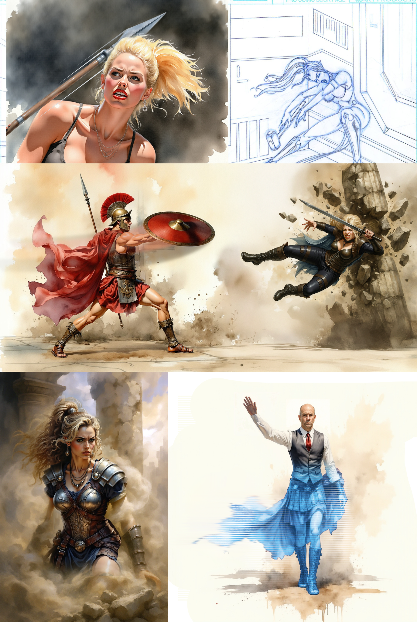 Later graphic novel development page with character studies and scene concepts