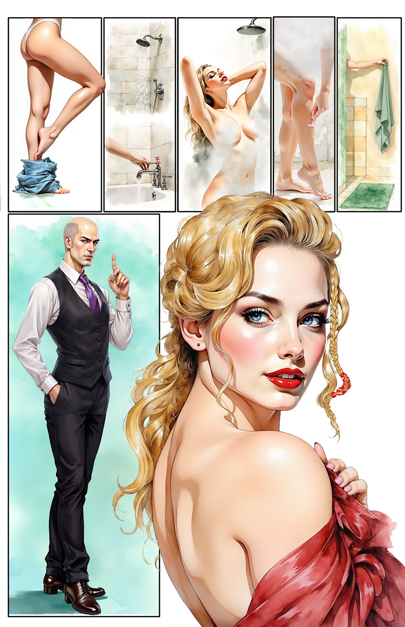 Later graphic novel development page with character and scene studies