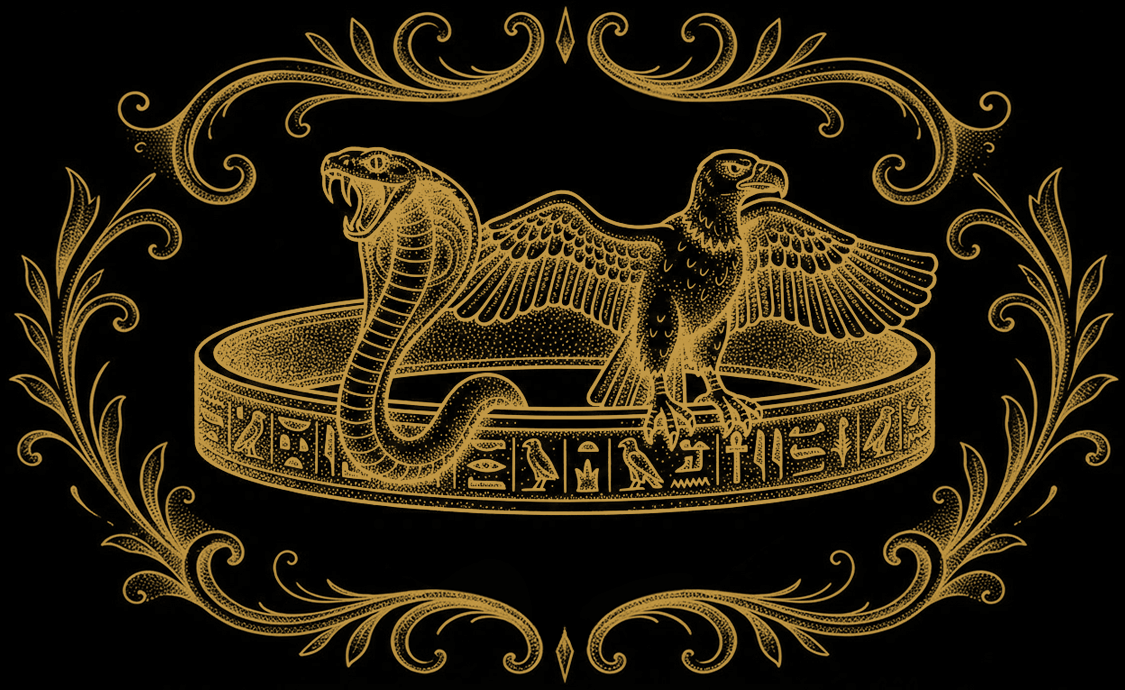 Gold Egyptian diadem artwork featuring a cobra and vulture